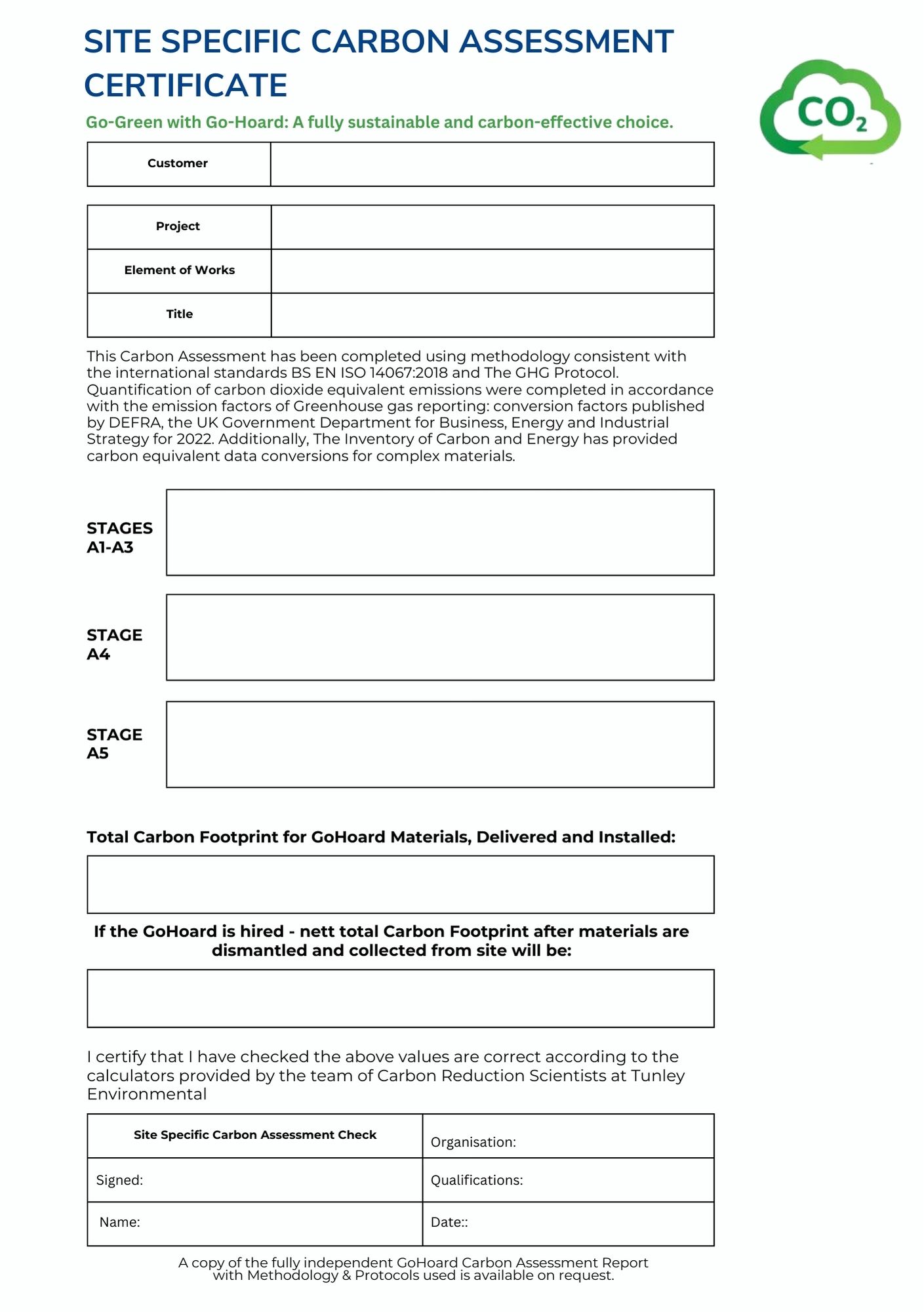 Reuse-A-Wall site specific carbon assessment certificate